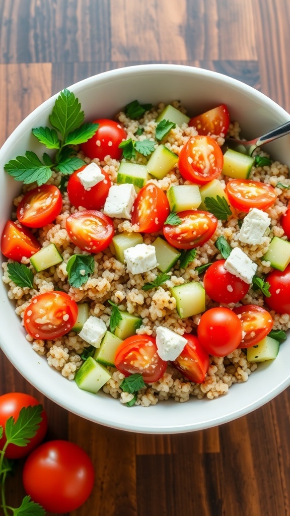 A colorful Mediterranean quinoa salad with tomatoes, cucumber, parsley, and feta cheese on a wooden table.
